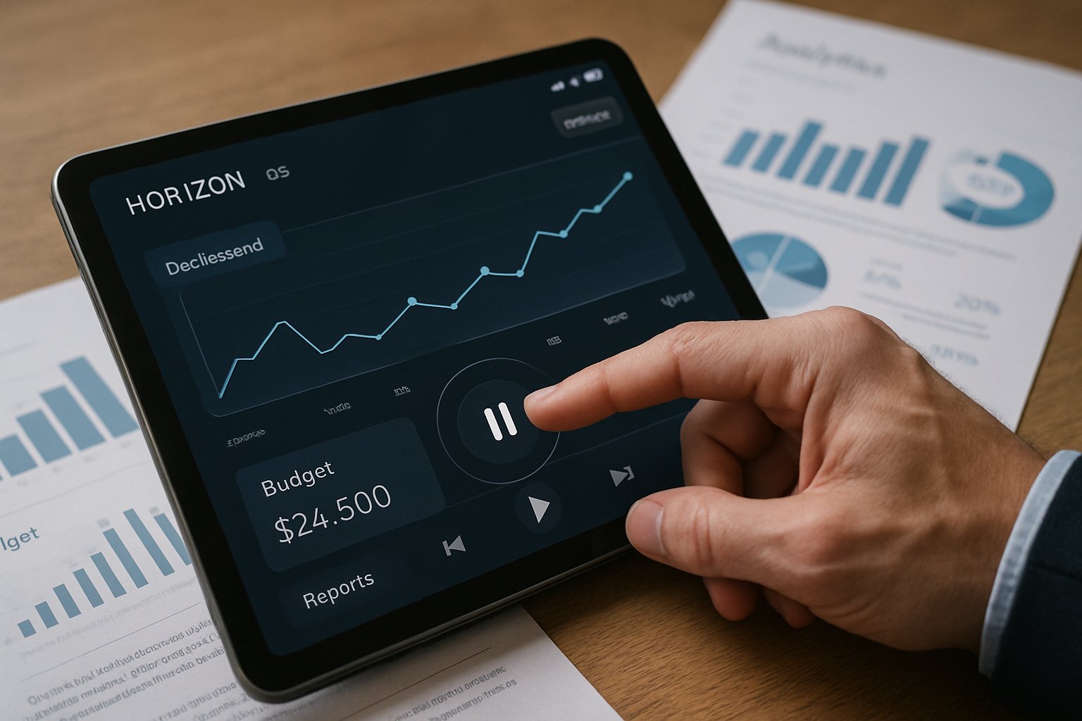 Hand pauses tablet running Horizon OS strategy interface near budget analytics.