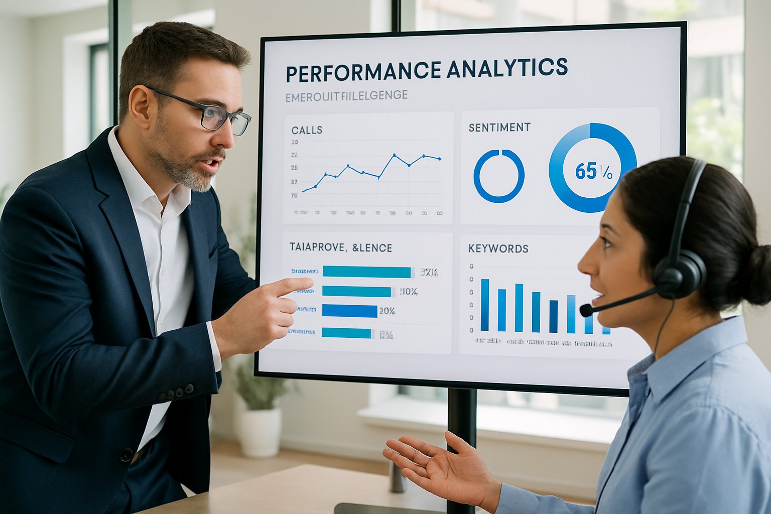 Manager and agent analyze reports from real-time speech intelligence systems.