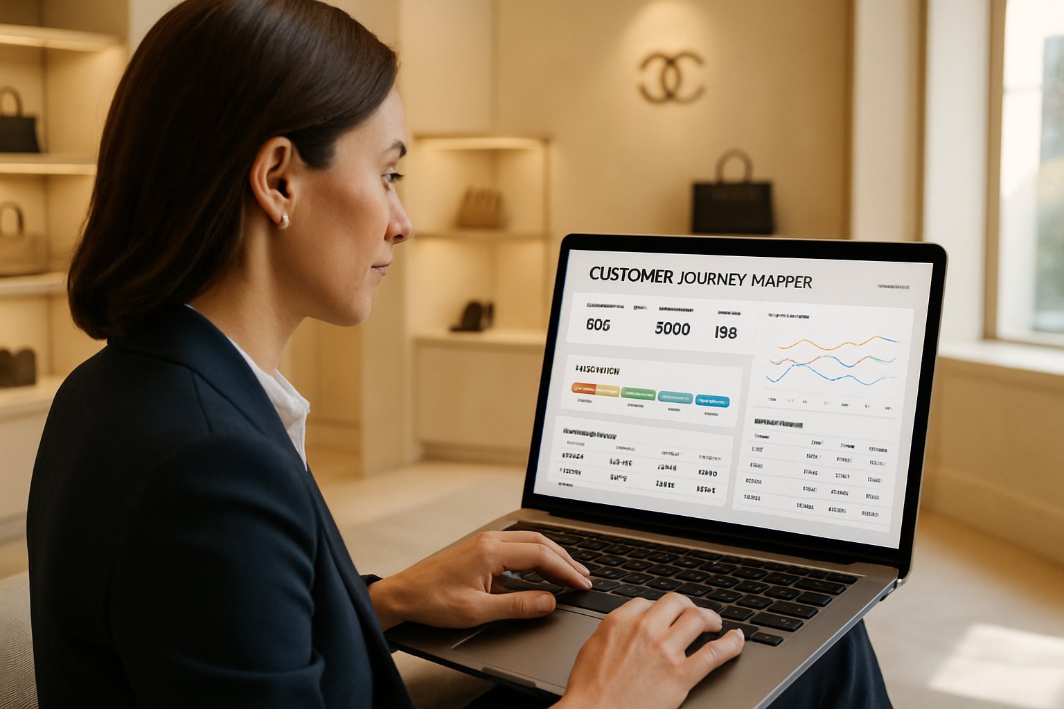 Consultant analyzing Customer Journey Mappers dashboard in premium retail
