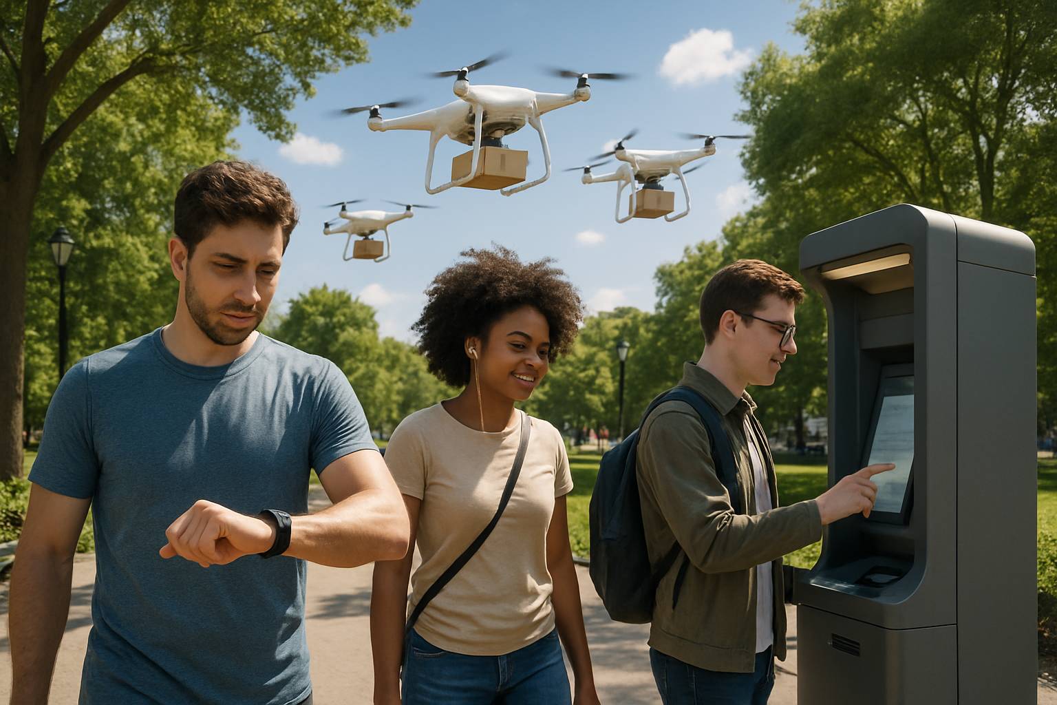 Urban scene with drones and wearables representing Physical AI mainstream growth.