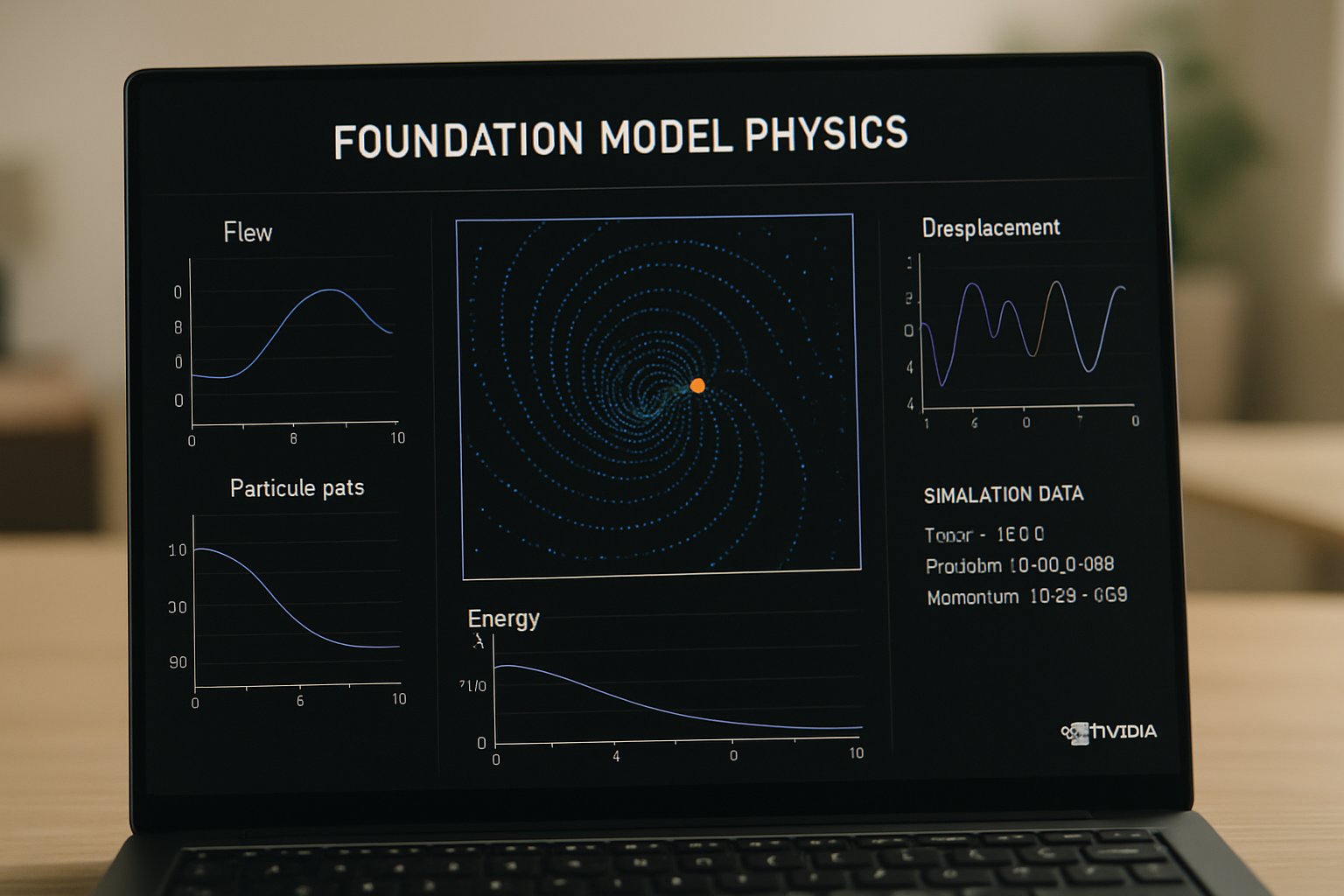 Monitor displays Foundation Model Physics simulation data in Nvidia Cosmos interface