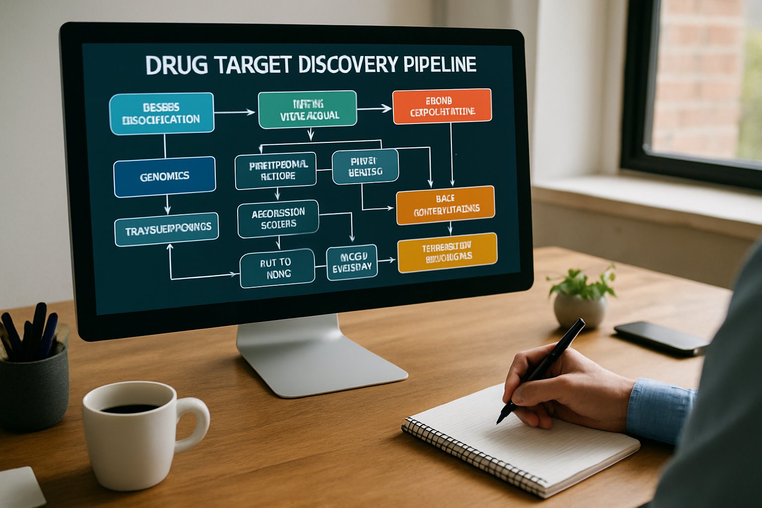 Computer screen showing detailed drug target discovery pipelines with researcher nearby