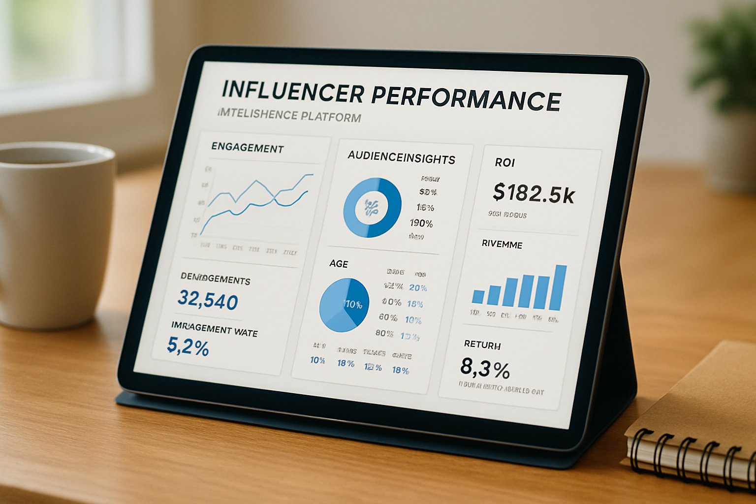 Tablet displaying influencer performance intelligence platform dashboard with audience insights and ROI.