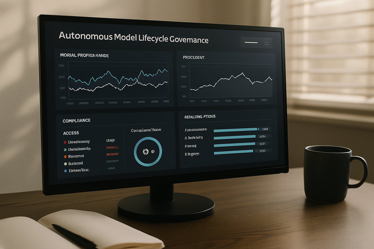 Autonomous Model Lifecycle Governance Platforms dashboard with compliance alerts and monitoring tools.