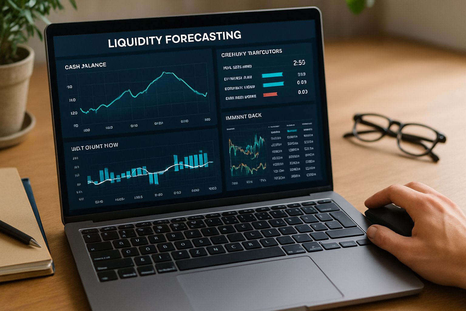 Algorithmic liquidity forecasting platforms dashboard on laptop for real-time market insights.