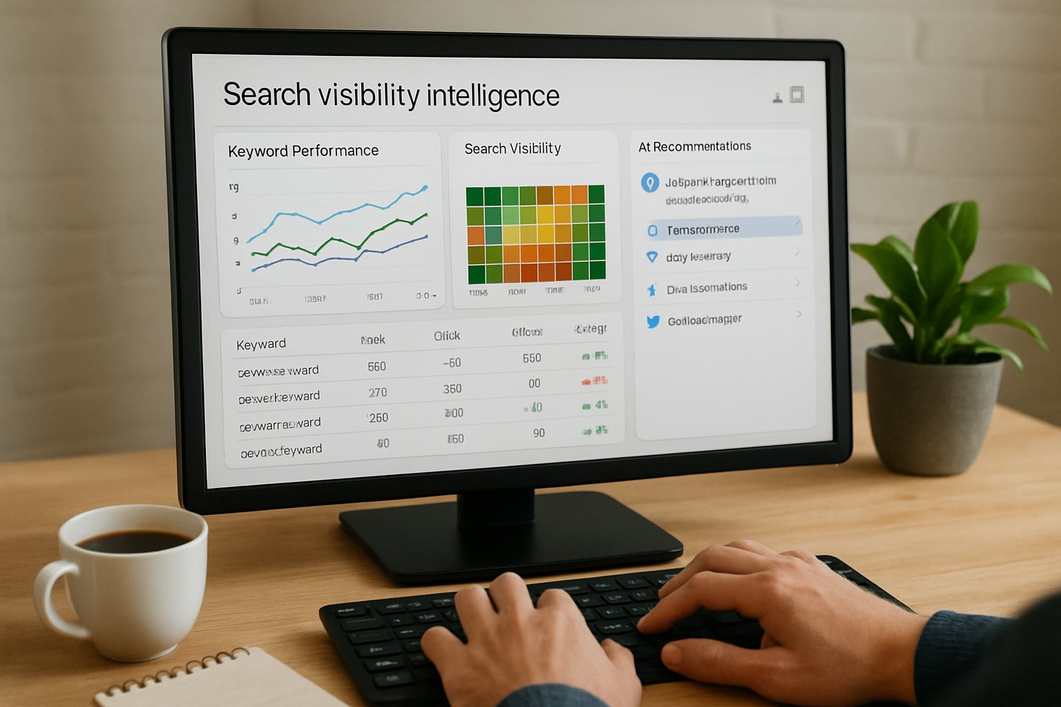 Search visibility intelligence platforms interface on computer with real data graphics