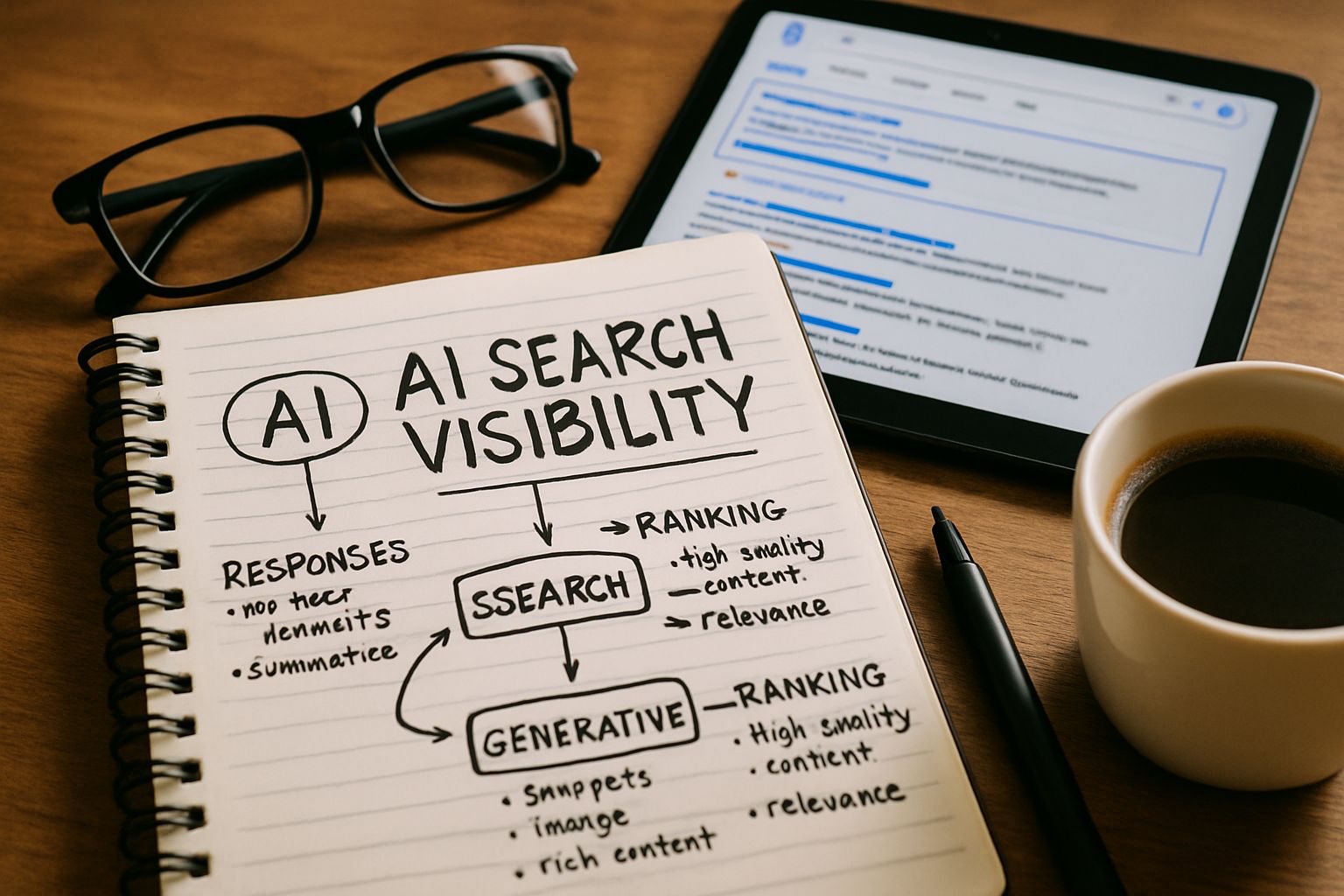 Handwritten AI Search Visibility Playbook notes with SERP and AI strategy elements.