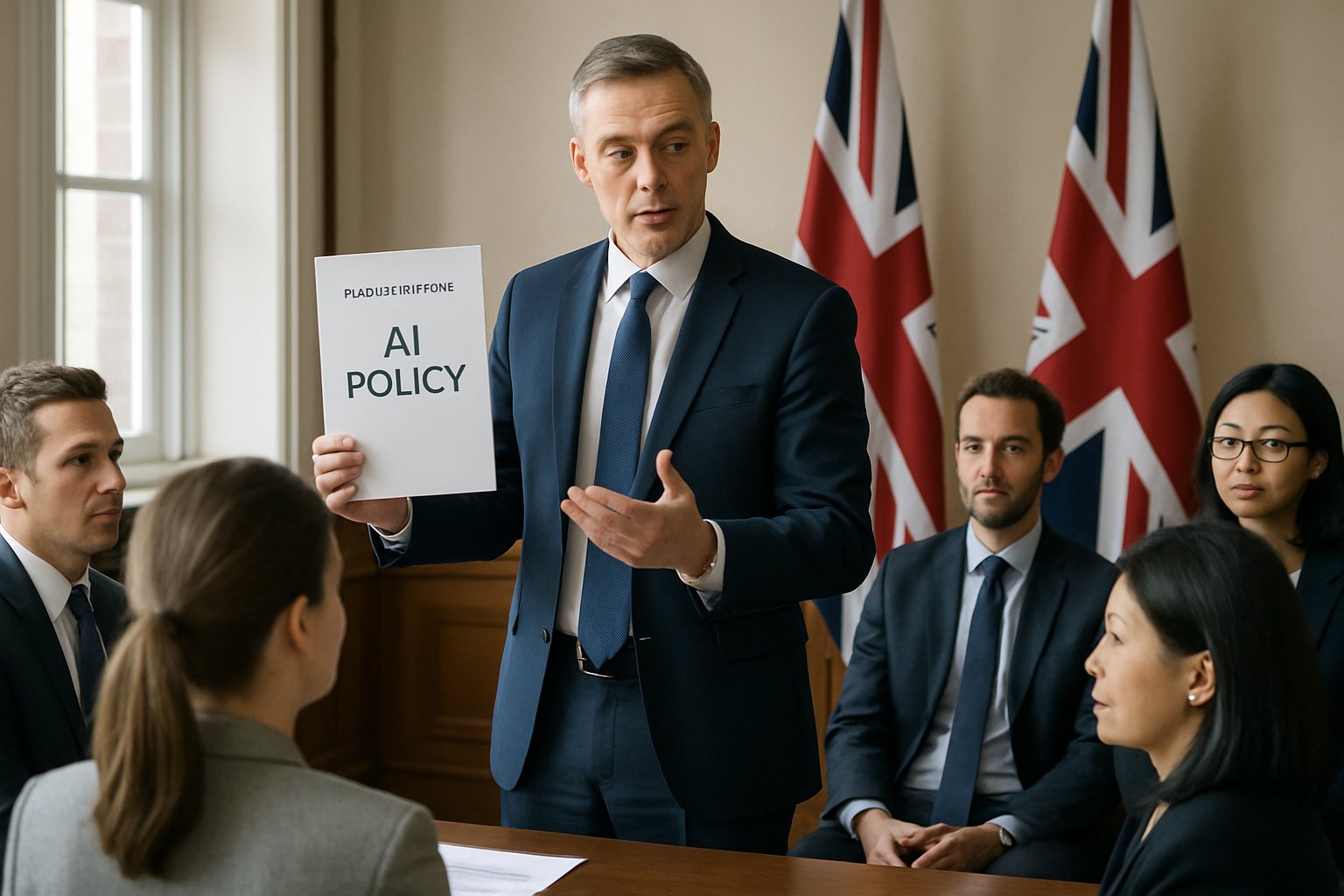 Government official presents AI Employment policy changes in a UK office setting.