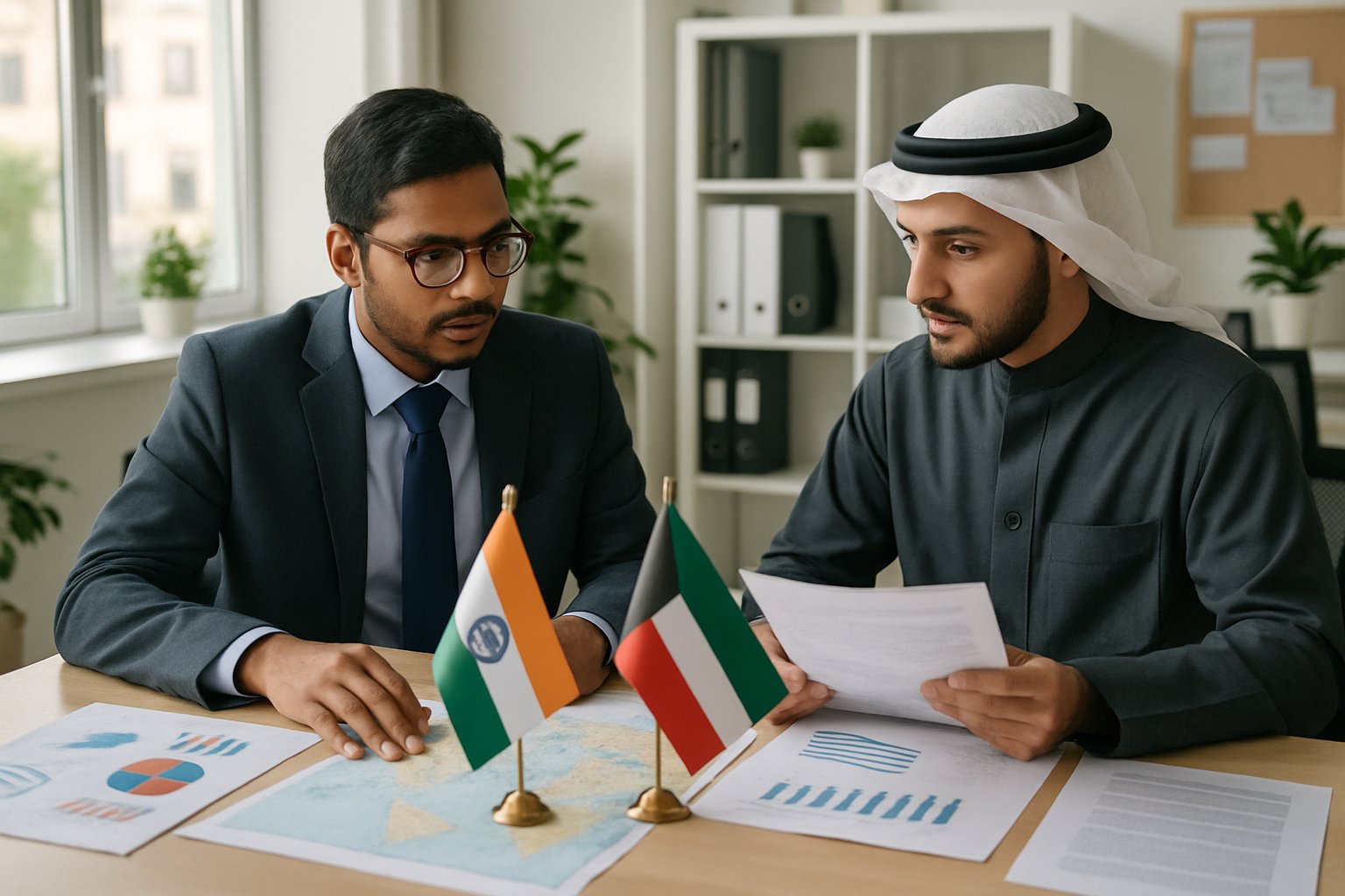 Diplomacy shaping policy as Indian and Kuwaiti officials collaborate in an office.