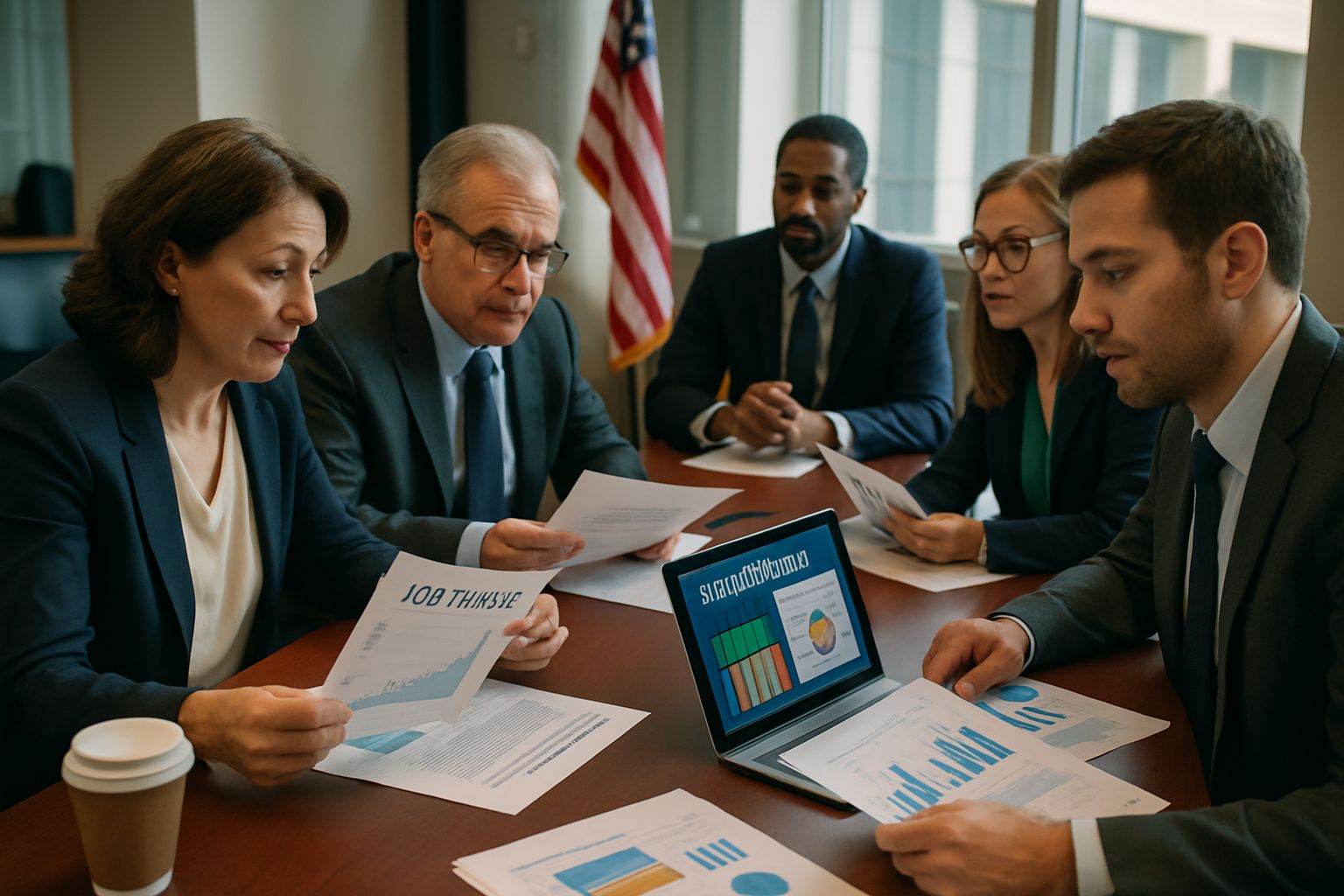 Public Policy experts reviewing job data and economic policies for AI impact.