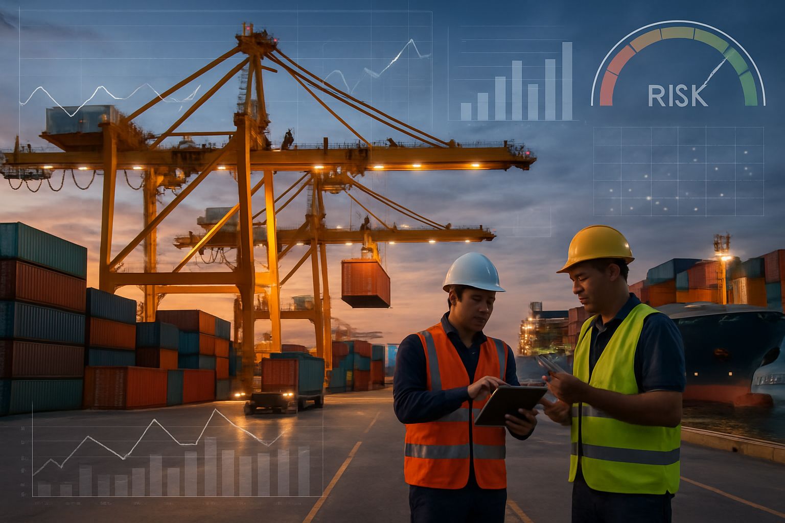 Supply Chain Risk Prediction Engines visualize trade volatility at a busy port.