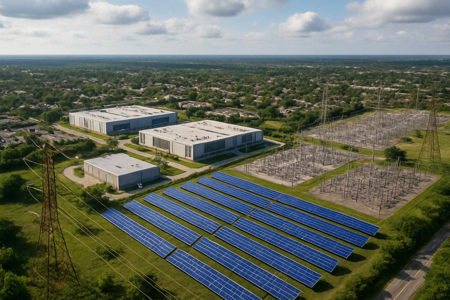 AI climate impact represented by power grid supporting data centers and renewable energy.