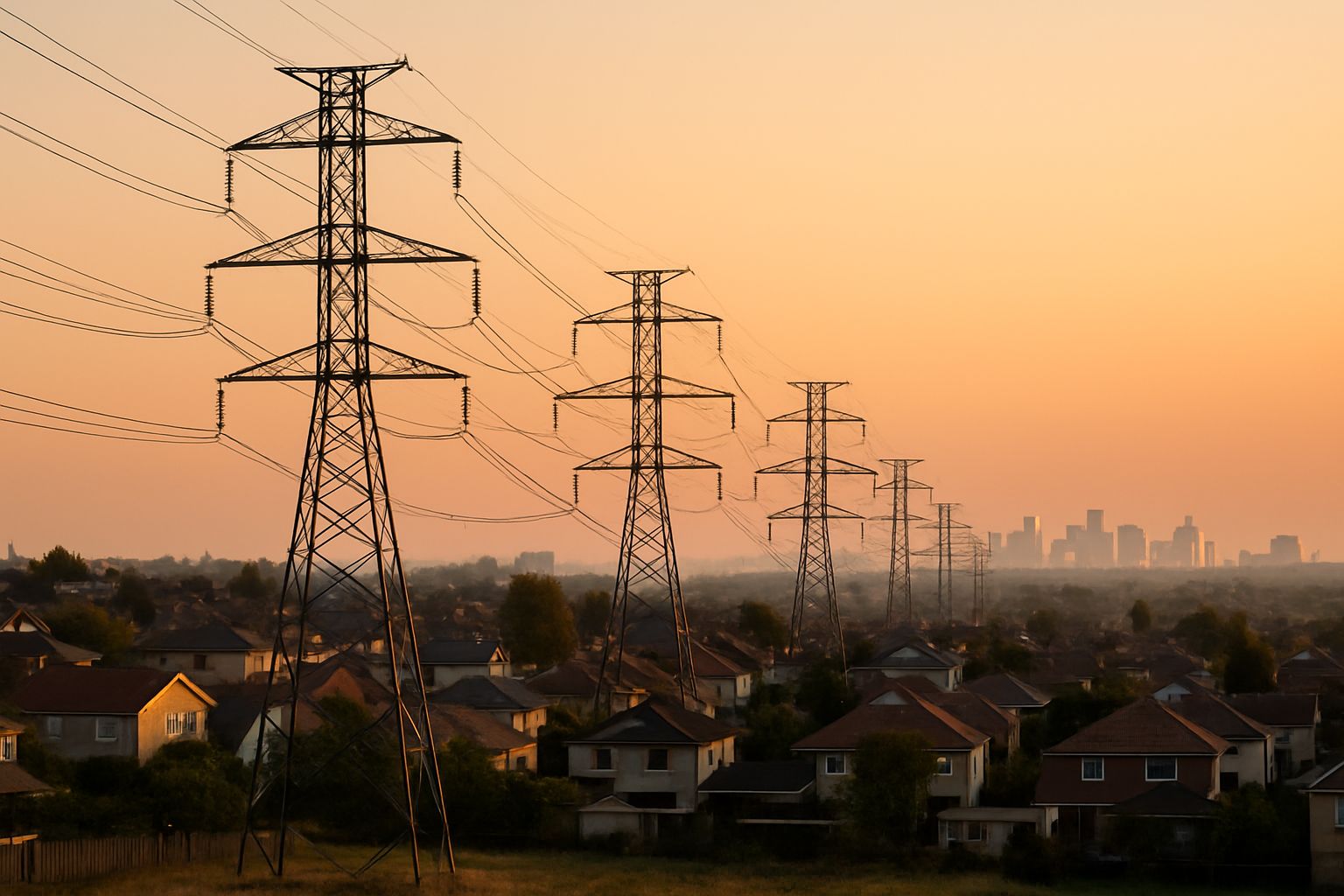 Grid Demand visualized with power lines over busy suburban neighborhoods and sunrise.
