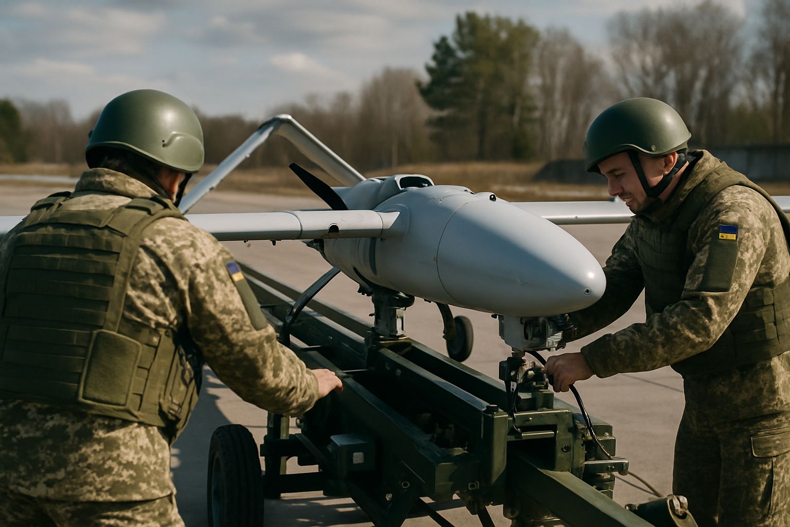 AI Military Drone being readied by ground crew at Ukrainian airbase.