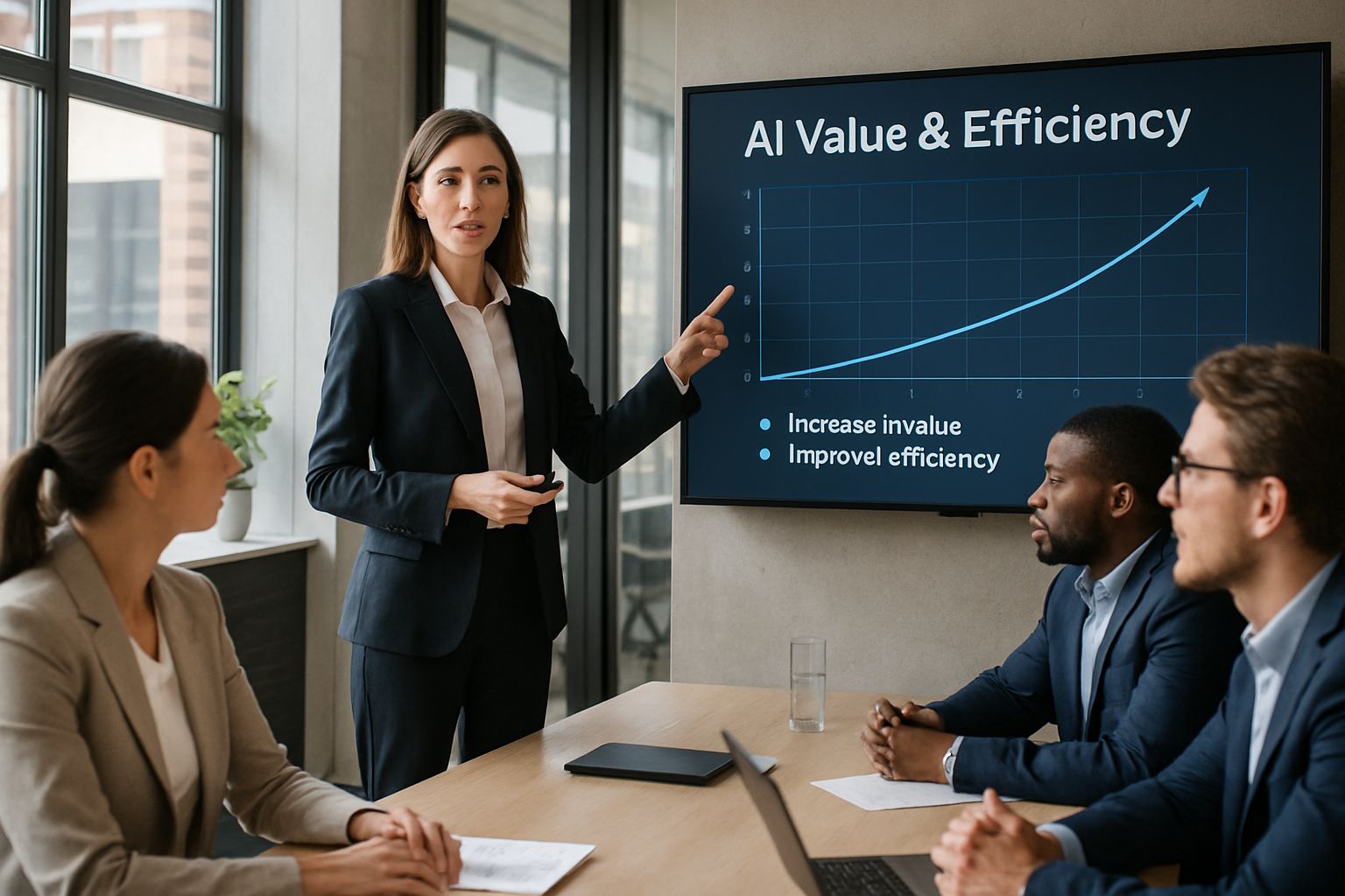 Businesswoman presenting ROI metrics to support AI Industry Trust.