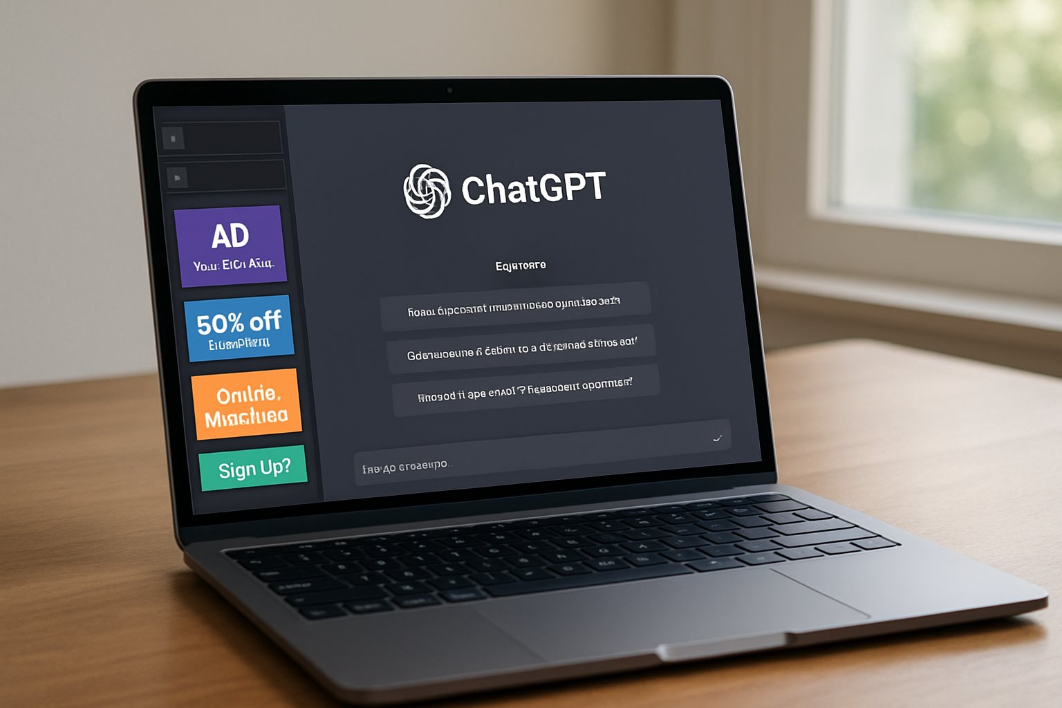 Laptop screen displaying ChatGPT Ad Testing interface and ad previews.