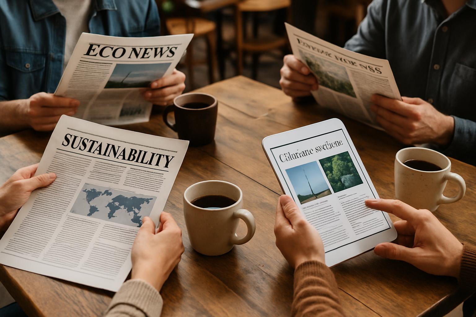Hands holding newspapers and tablets highlight Media Sustainability in diverse formats.