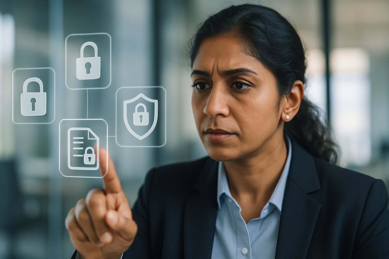 Indian professional exploring AI data privacy India protections on transparent interface.