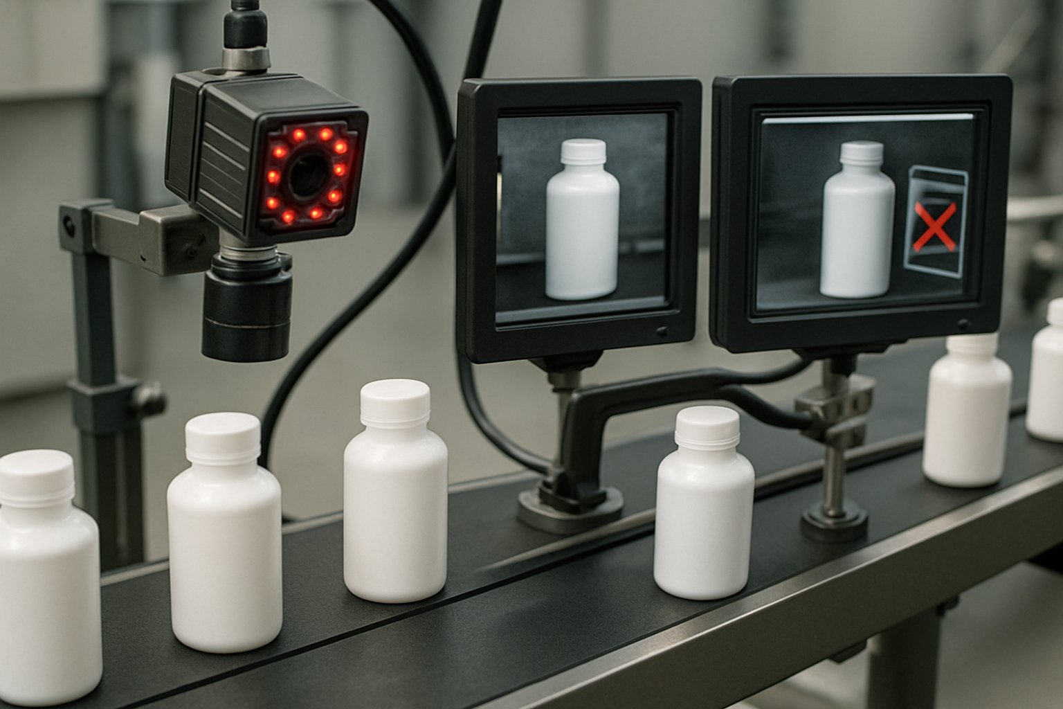 Industrial conveyor with computer vision quality inspection networks ensuring flawless output.