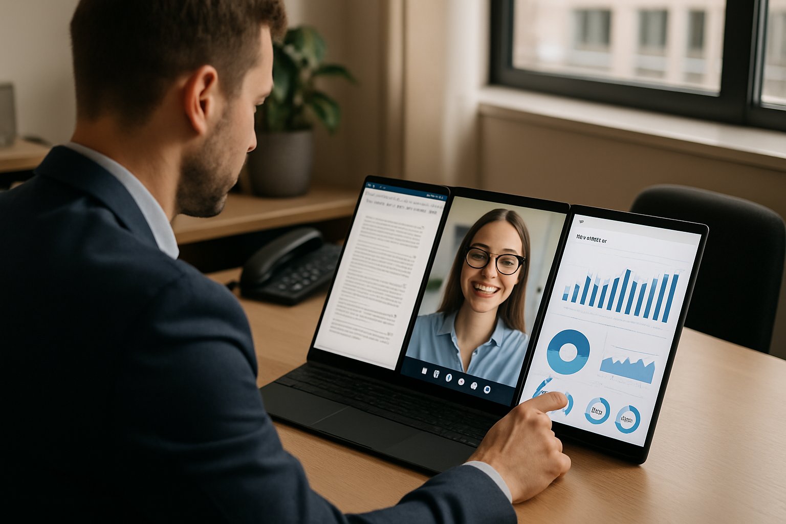 Professional multitasking on trifold device demonstrates real-world hardware innovation benefits.