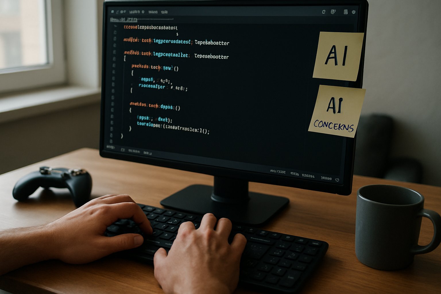 Game Development programmer addressing AI concerns at desk