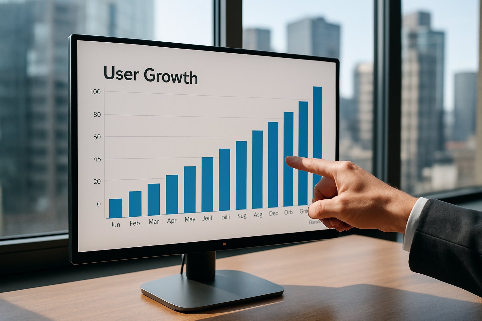 PropTech User Growth depicted by bar charts and analytics in a real office setting.