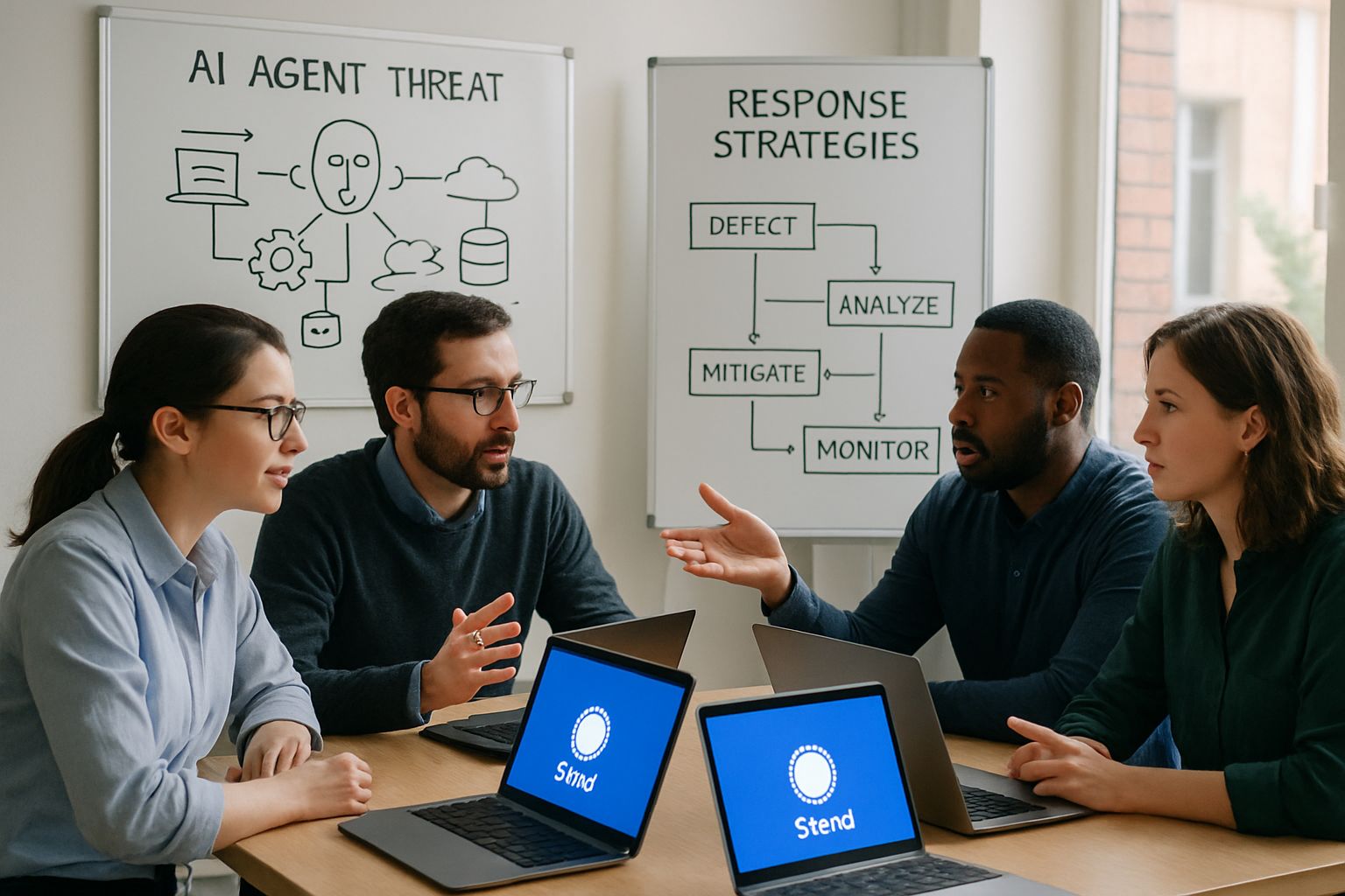 Cybersecurity team discussing Signal app protection from AI security threats.