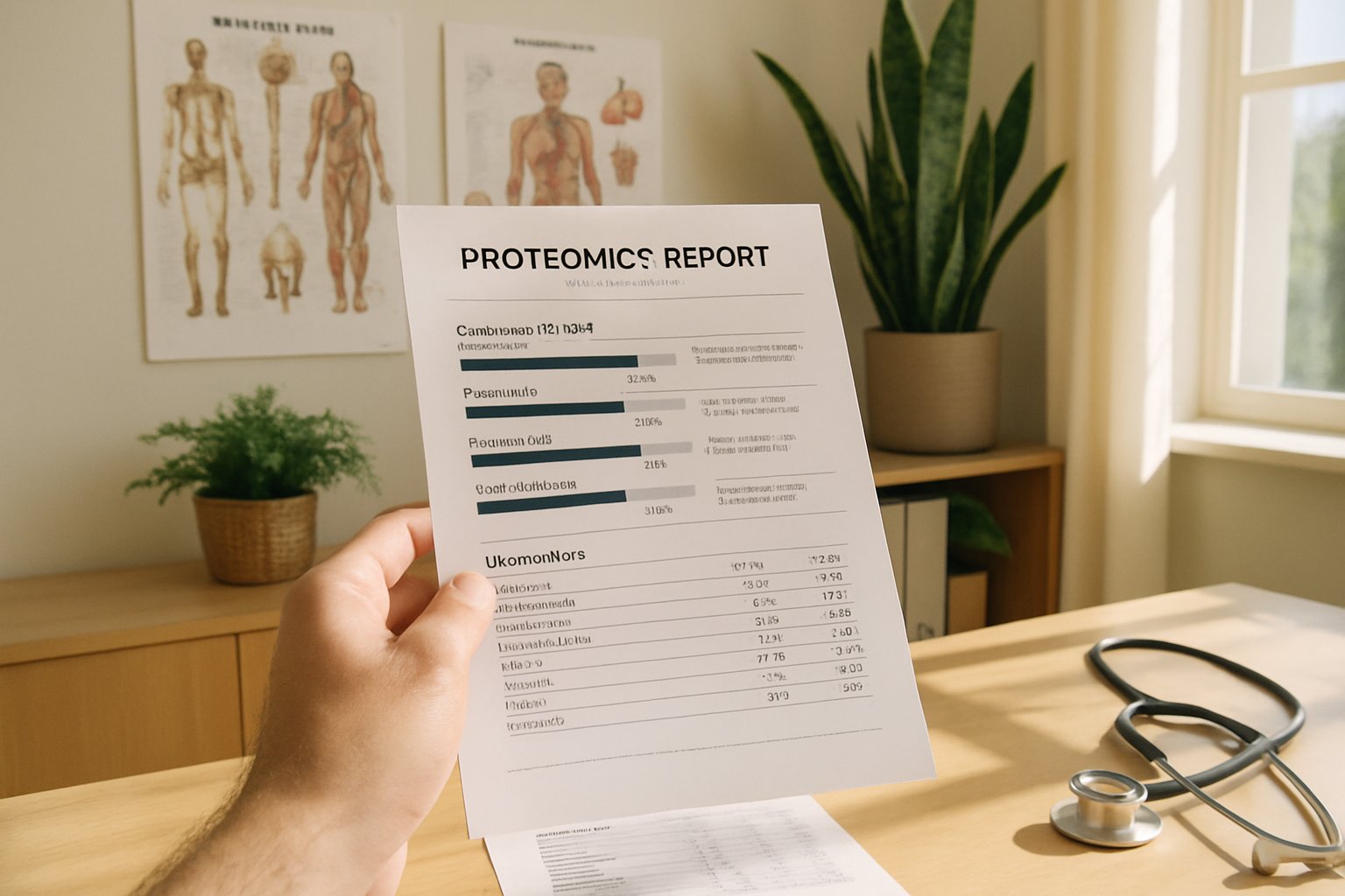 Doctor reviews Health Longevity proteomics report in clinical setting.