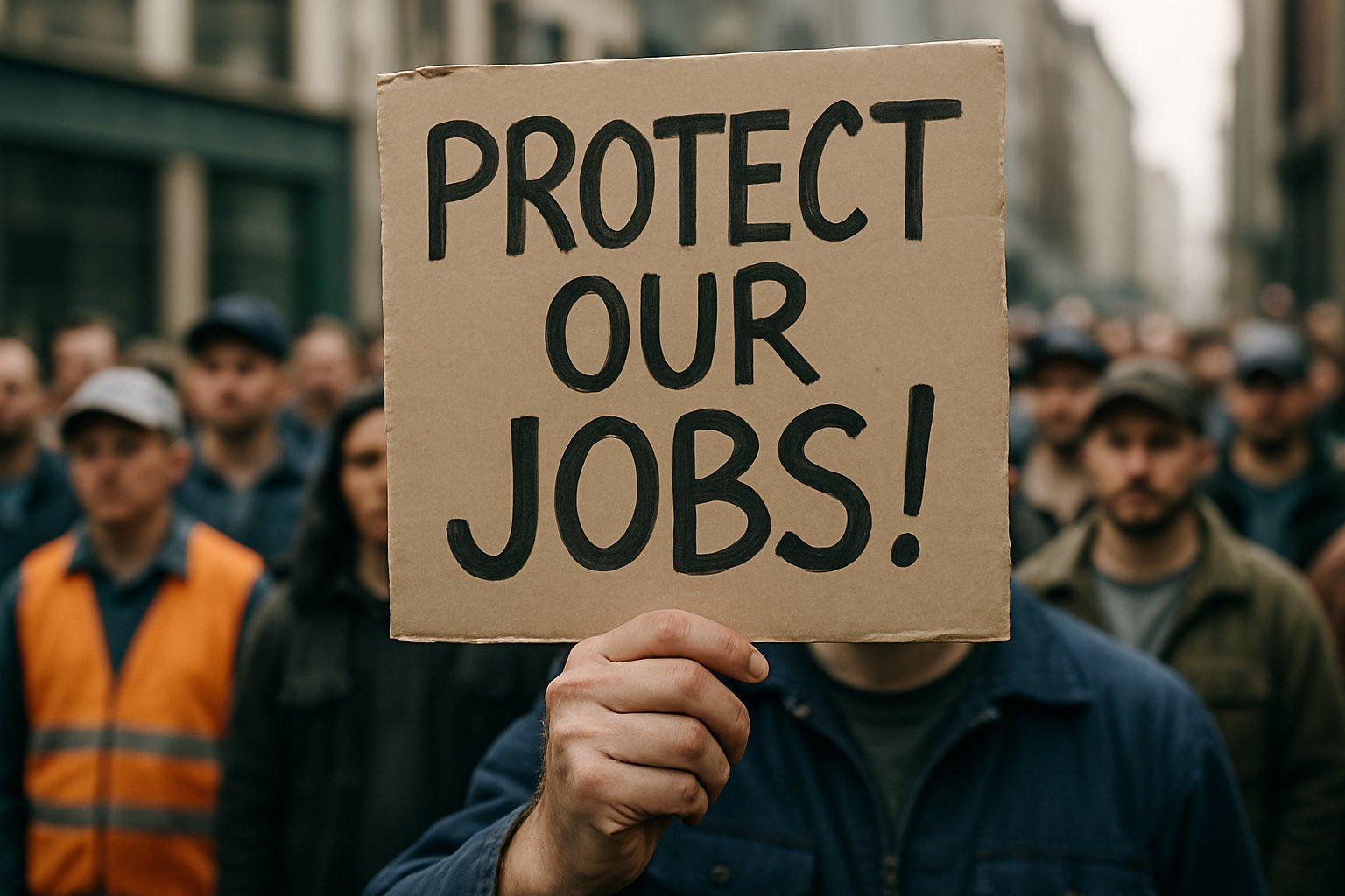 Labor Protests sign held during demonstration on job security from AI automation.