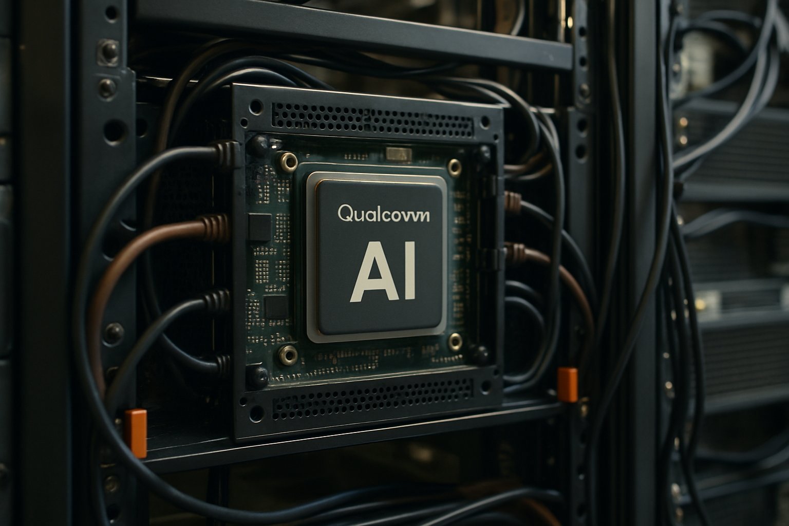 Close-up of a Qualcomm AI chip system in a professional server rack.