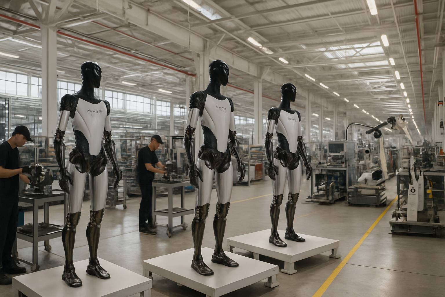 Tesla Optimus Production robots lined up in real factory for quality inspection.