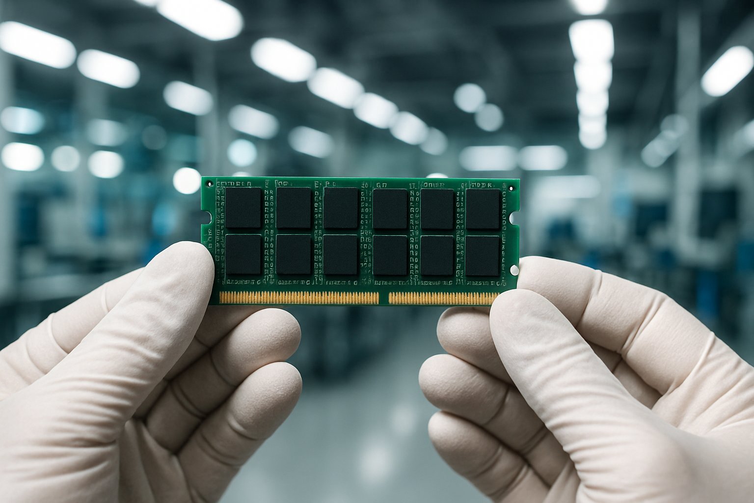 Hands holding finished memory chip in manufacturing setting