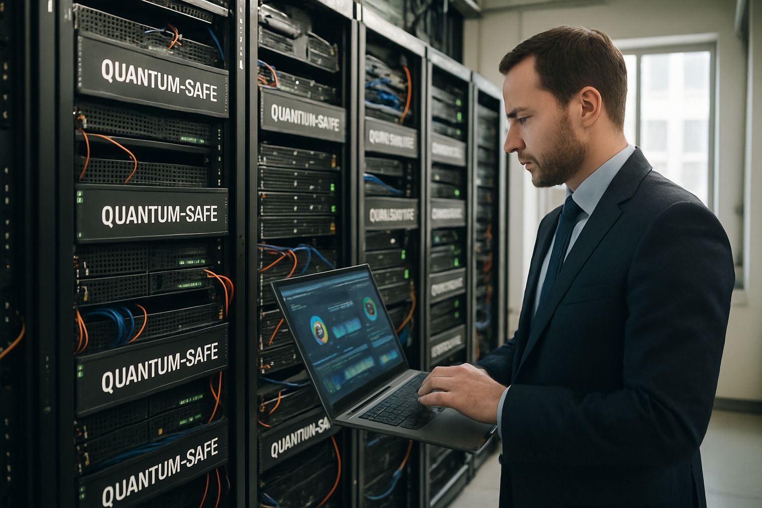 Quantum Resilience protects data integrity in a secure autonomous operations server room.