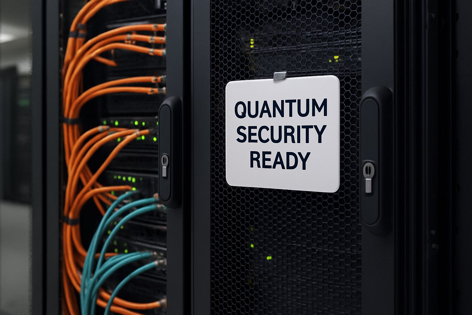 Server rack in data center labeled with Quantum Security readiness.