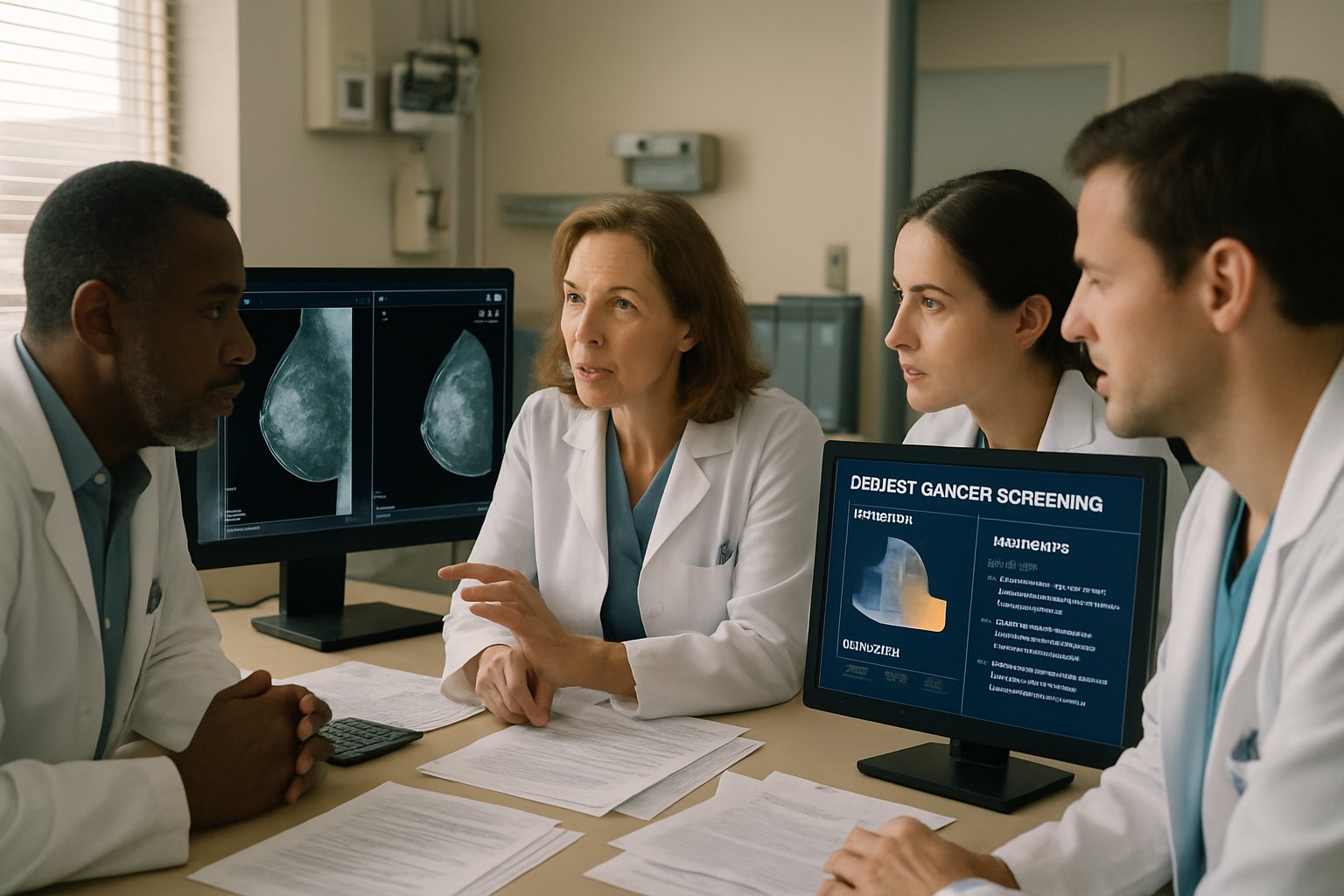 Medical AI summary supports radiology team in breast cancer screening analysis.