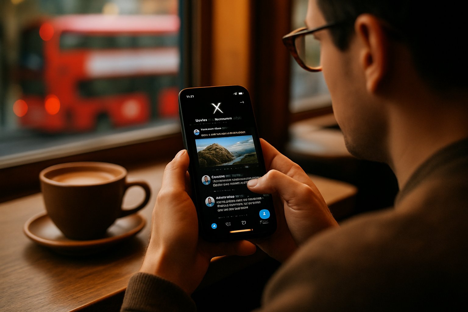 Person reading X Ban news on smartphone inside a London café.