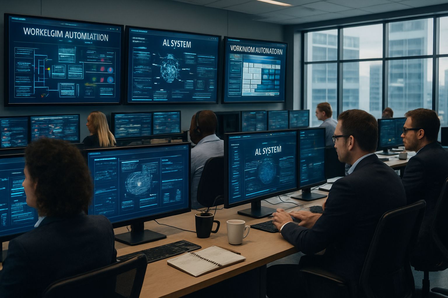 Self-Driving Enterprise command center with real professionals managing automated workflows.
