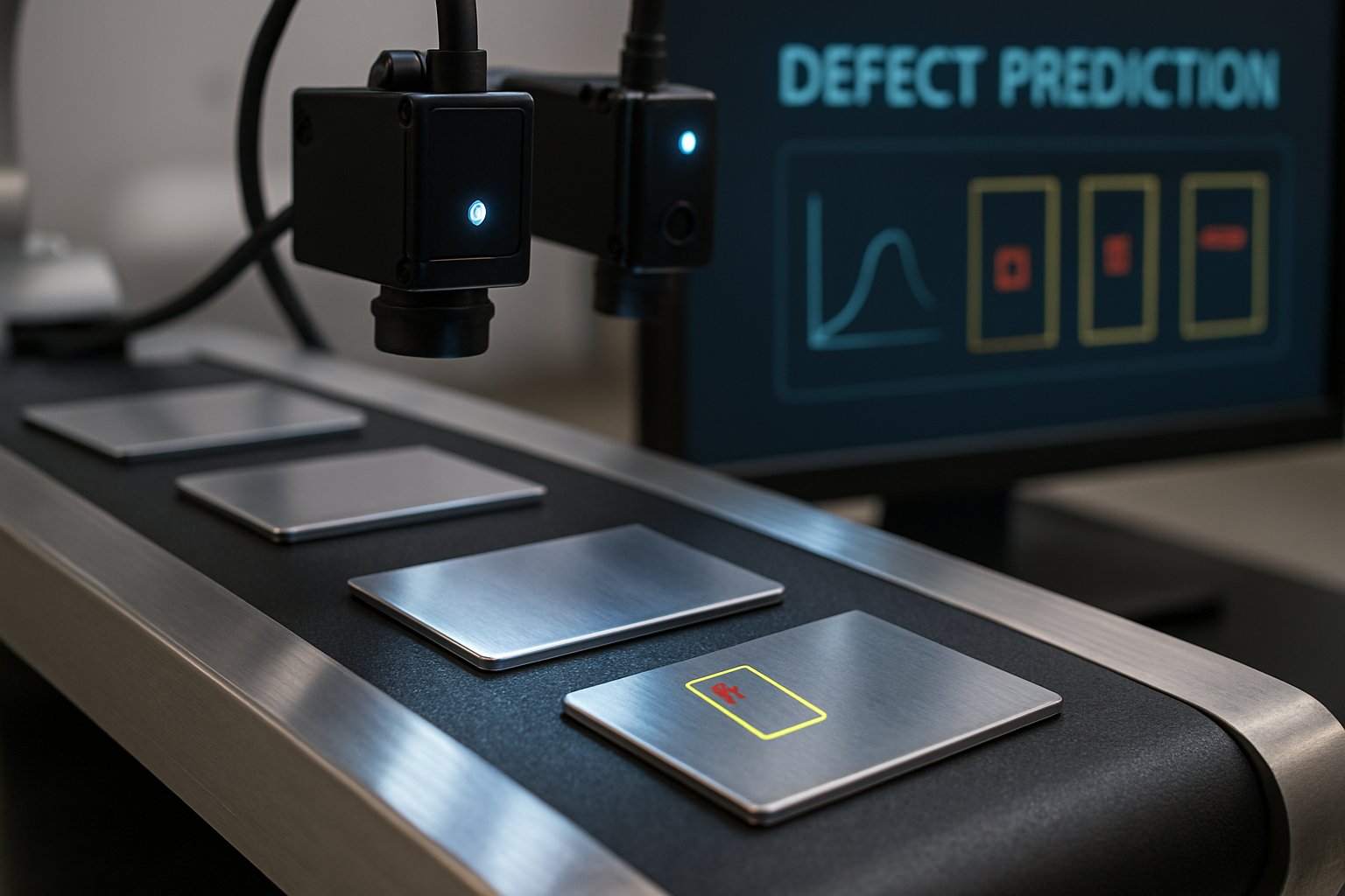 Material samples scanned by AI defect prediction sensors on a production line.
