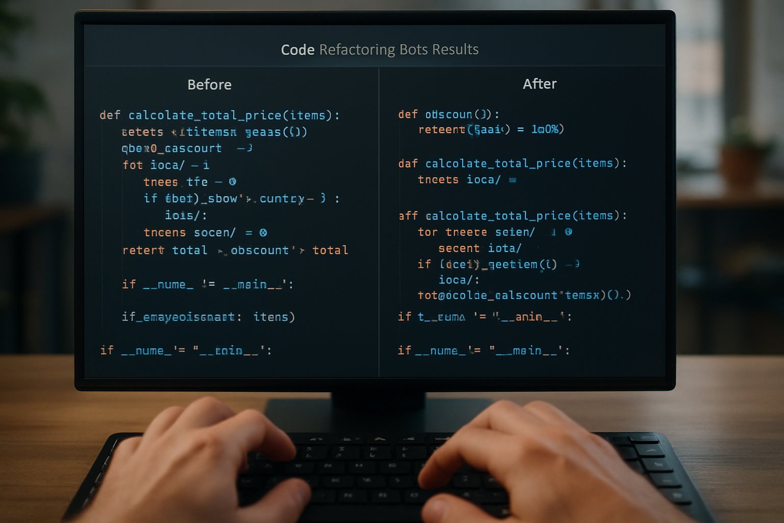 Code Refactoring Bots showcasing transformed code on developer screen