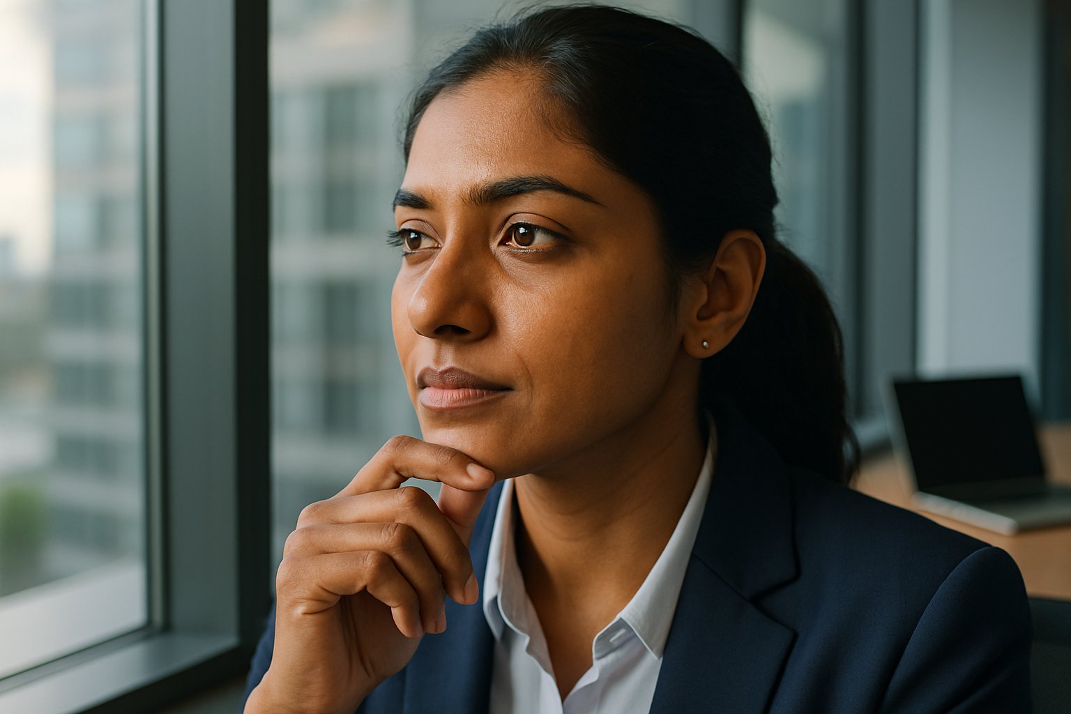 Thoughtful Indian professional facing AI Job Anxiety in an office.