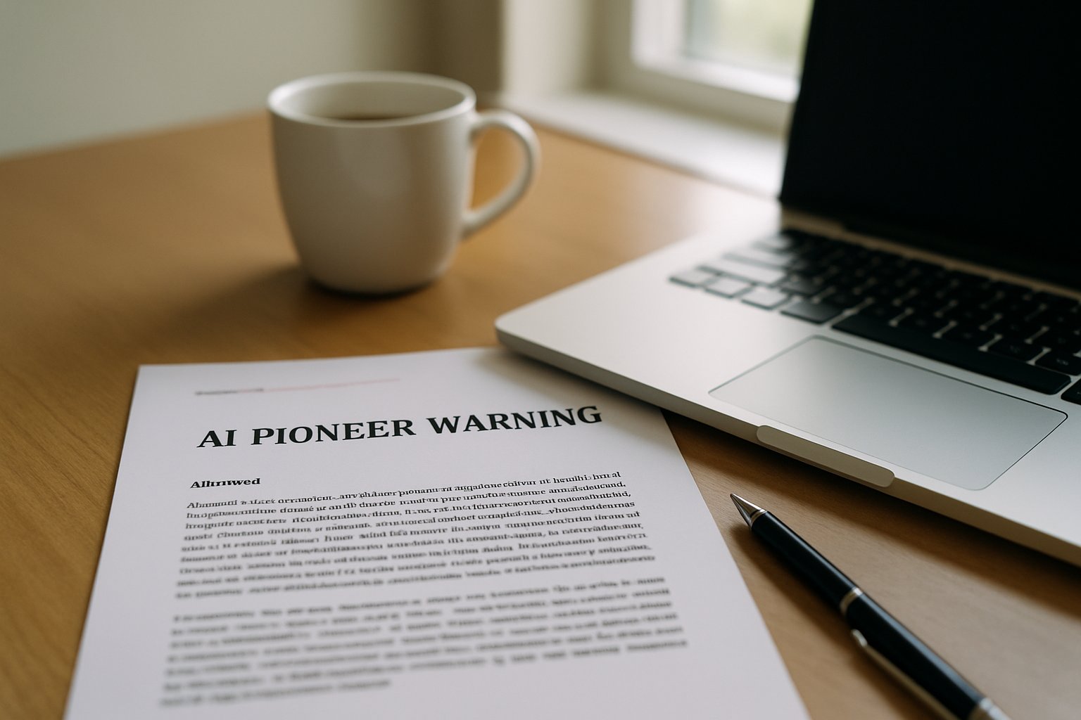 AI pioneer warning research paper on an office desk near modern tech devices.