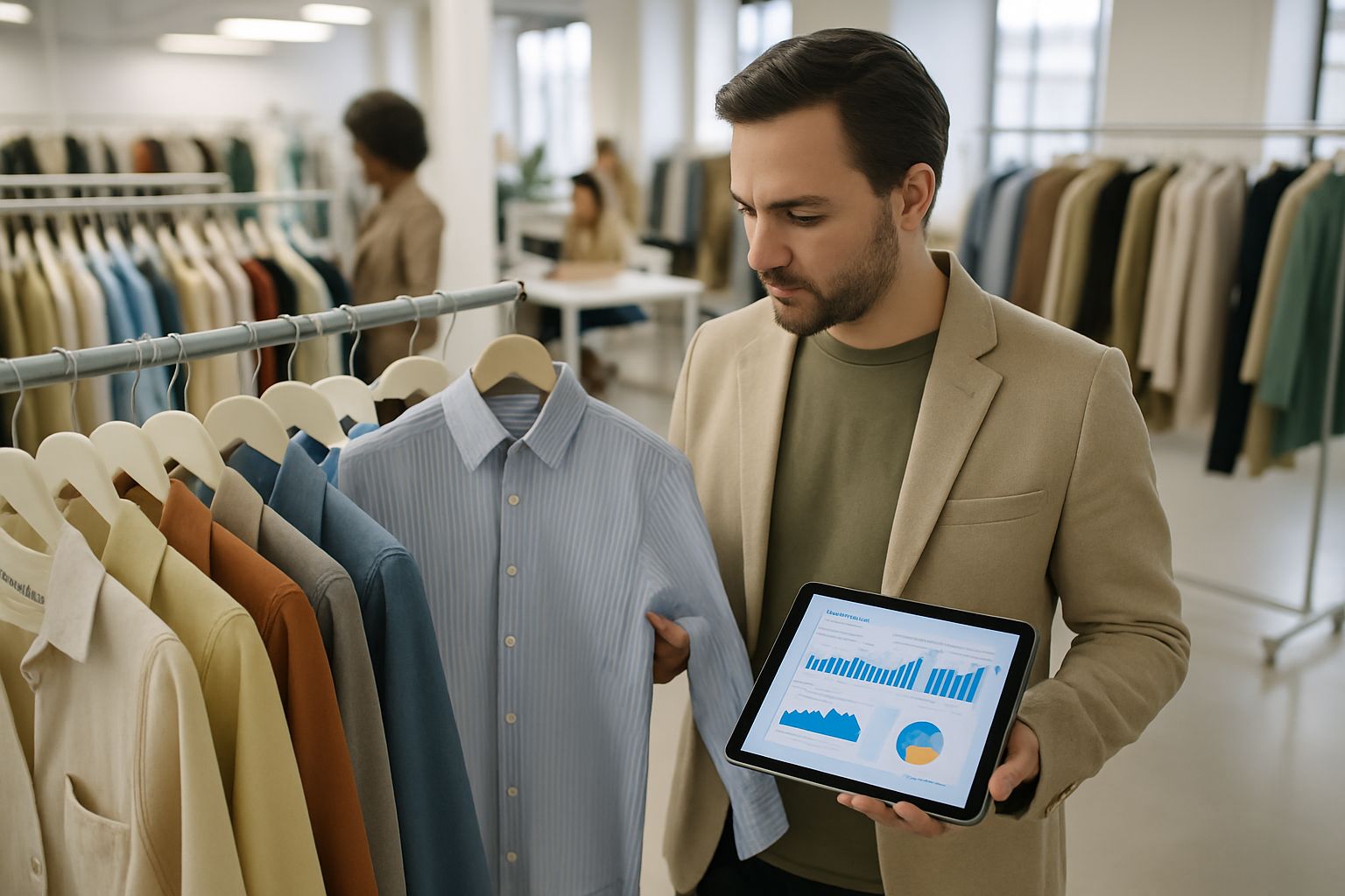 Retail buyer uses Fashion Trend Forecast Algorithms to select clothing samples from showroom.