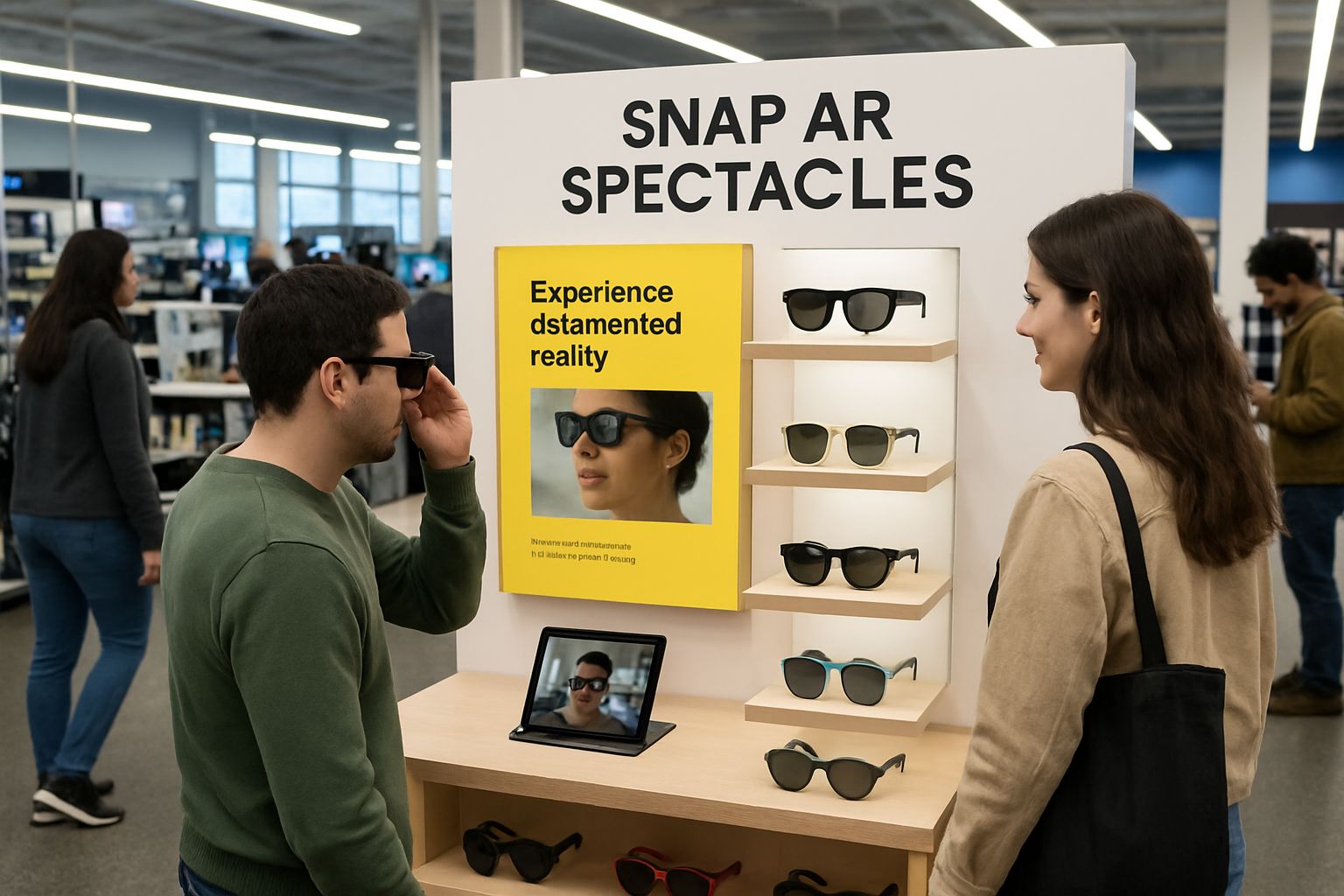 Retail display of Snap AR Spectacles with shoppers exploring features.