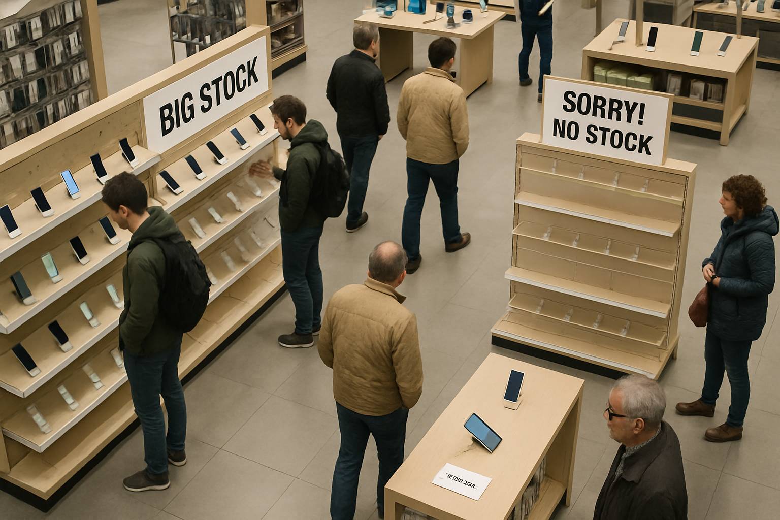Hardware Shortage leaves smartphone shelves empty at retail store.