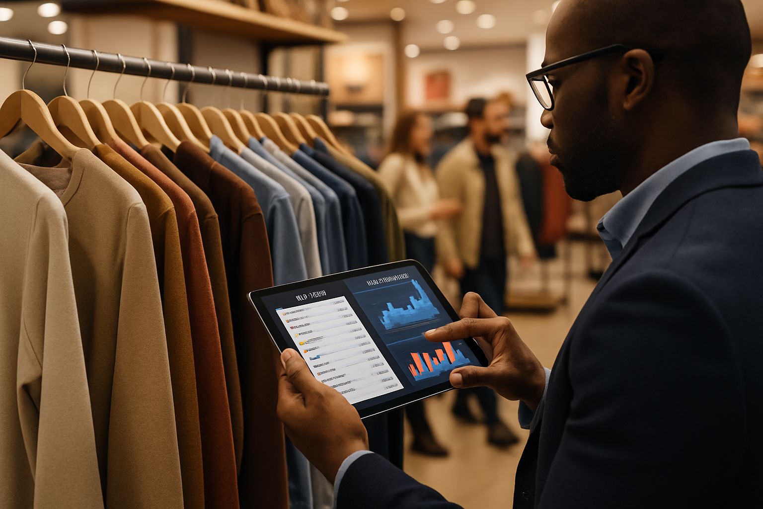 Retail manager using trend forecast compression models to track apparel inventory.