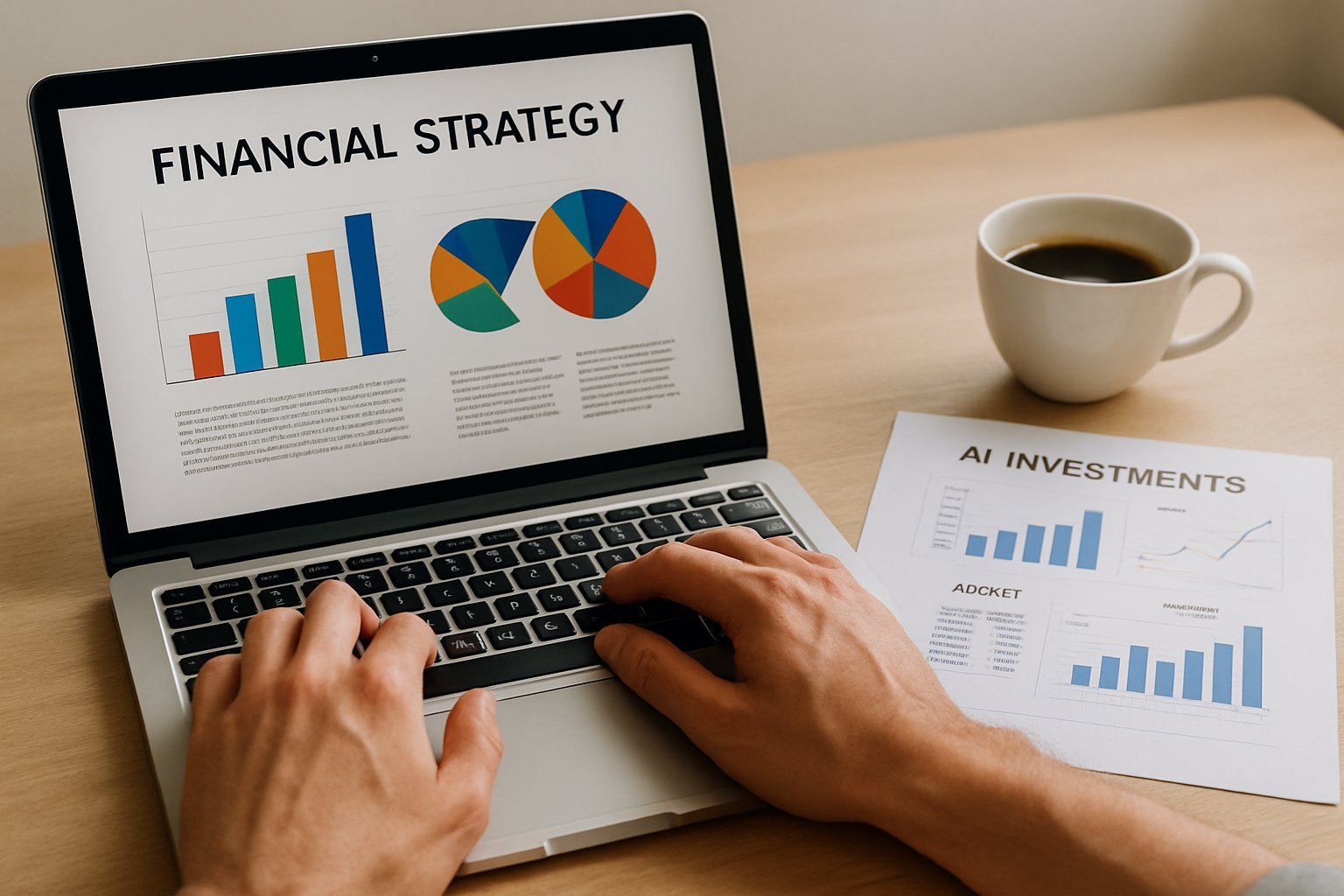Laptop displaying financial strategy graphs with AI investment documents nearby