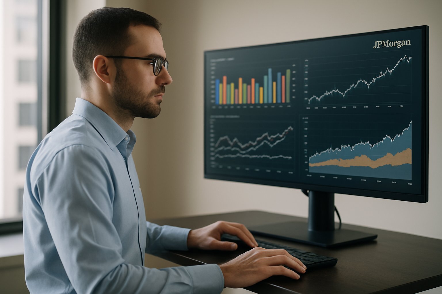 Professional reviewing data charts for increased Ops Productivity at JPMorgan.