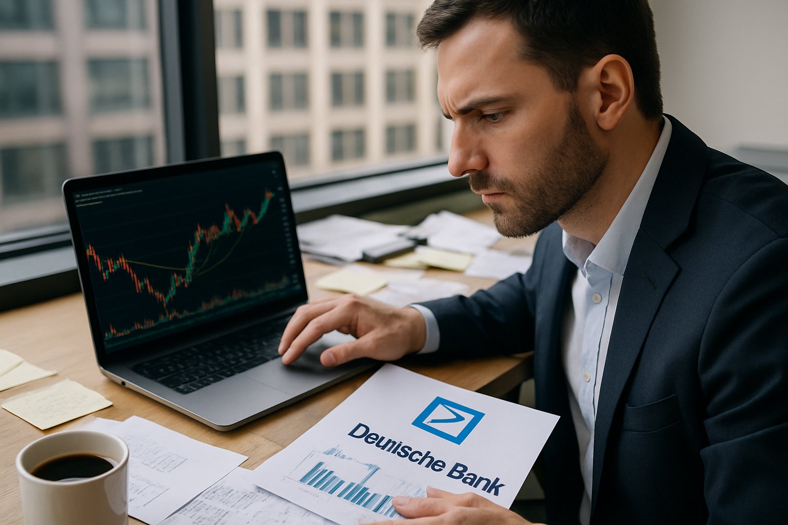 Business analyst reviewing Deutsche Bank financial AI risk reports for 2026.