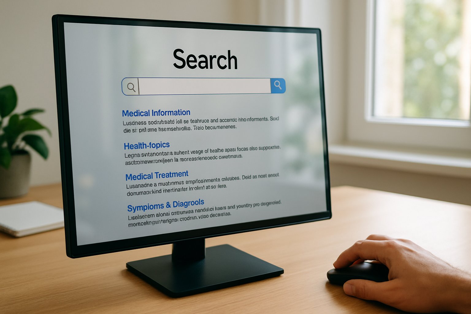 Modern computer showing Medical Information Quality health search results being reviewed.
