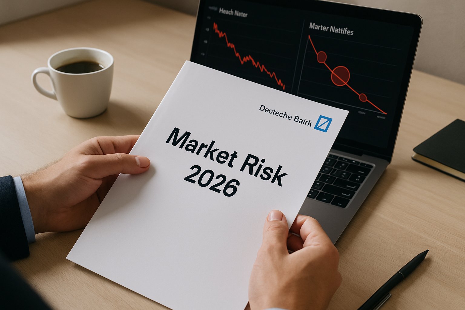 Hands hold Market Risk 2026 report with Deutsche Bank branding and data charts.